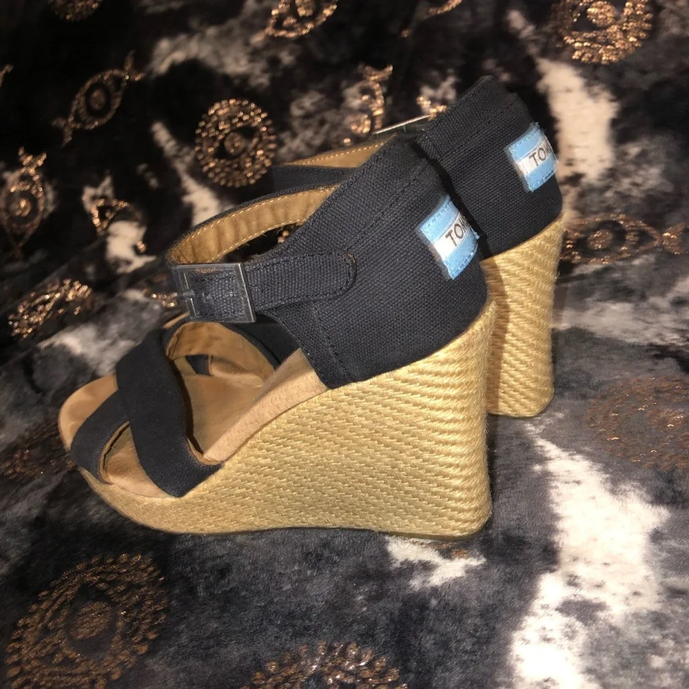 Toms Black Canvas Espadrille Wedge Sandals with Natural Rope Heel